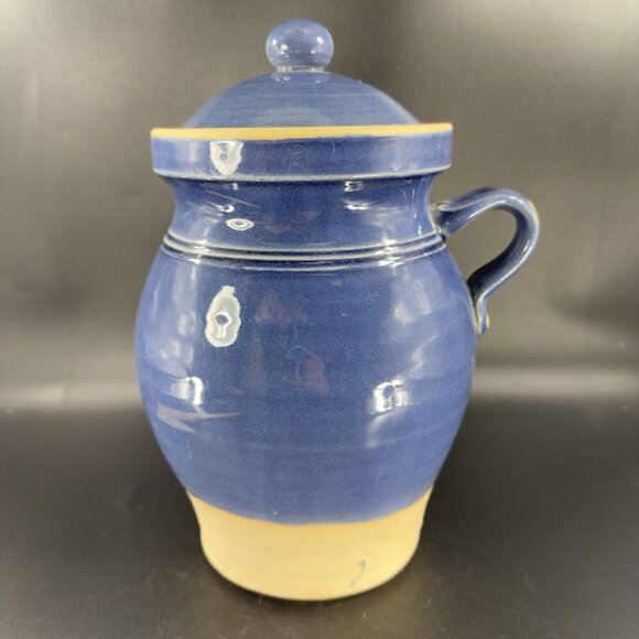 Rowe Pottery Cambridge Works Blue Glazed Jug Handle Pitcher Flower Canister Jar - Picture 12 of 16